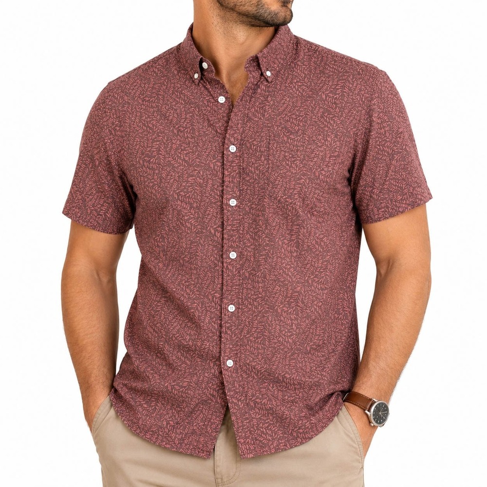 Lee‎ Mens Regular Fit Short Sleeve Button Down Shirt Burgundy Leaf Print XL